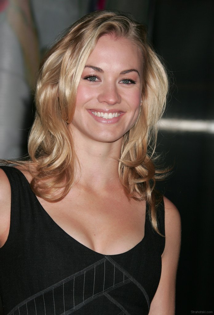 Yvonne Strahovski smiles in black dress