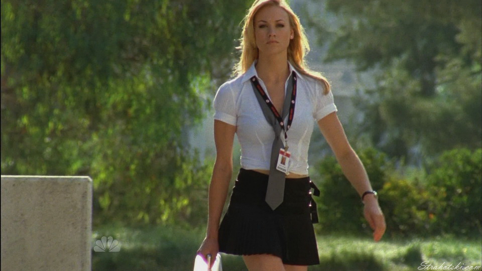 Yvonne Strahovski in mini skirt and white shirt