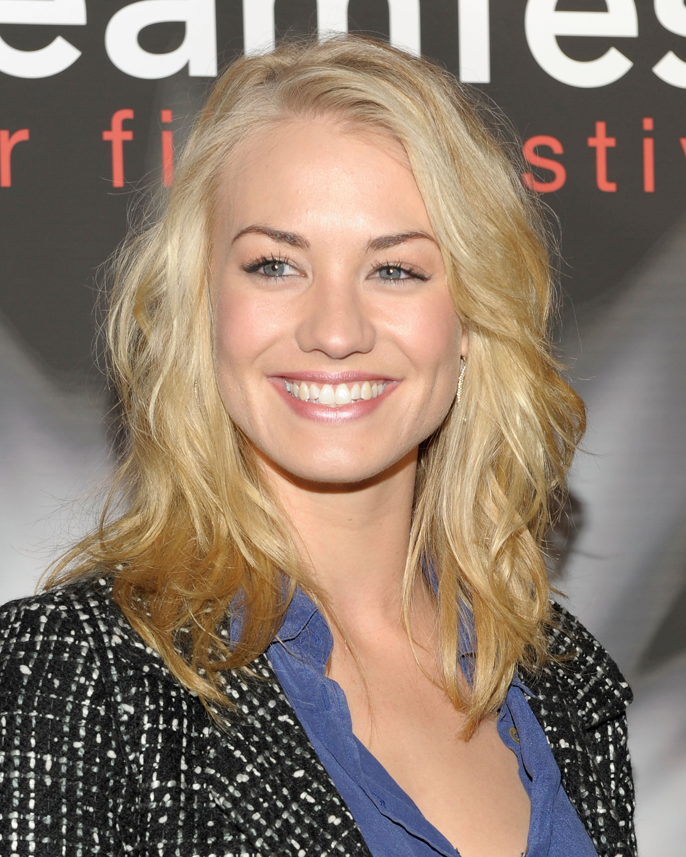 Yvonne Strahovski  in blue shirt and tweed jacket