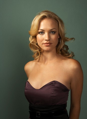 Yvonne Strahovski  black dress - green background