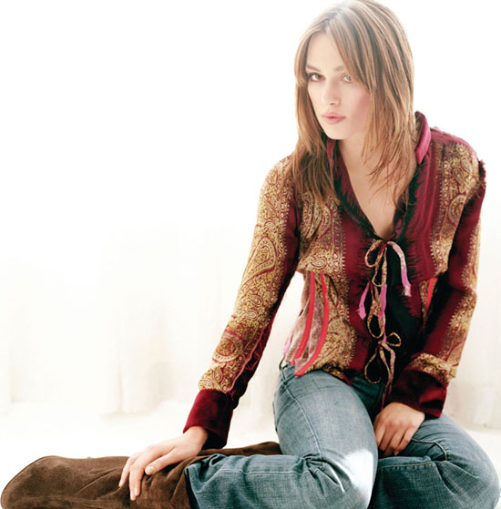 Keira Knightly is casual in red paisley and jeans