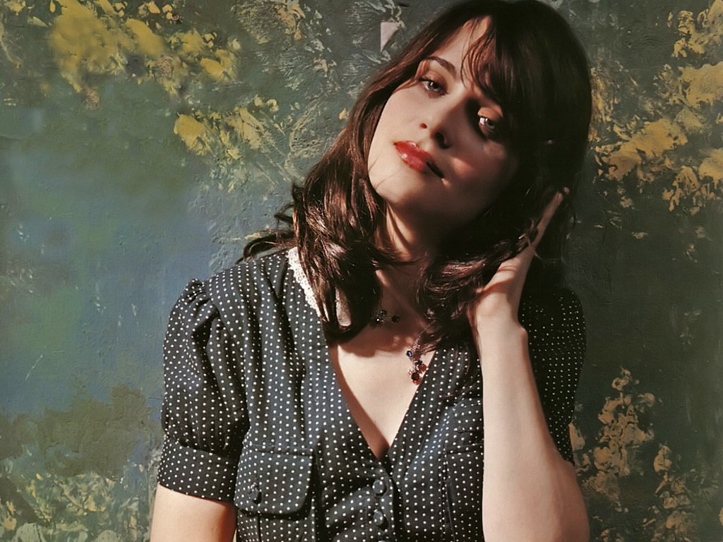 Zooey Deschanel in black dress with white polka dots