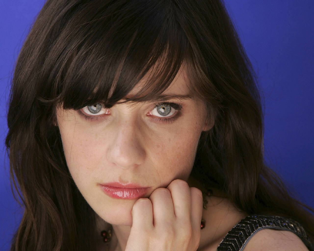 Zooey Deschanel - looks shy in another shot with a blue background
