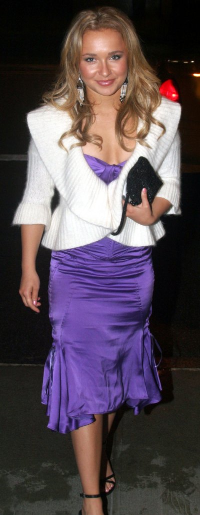 Hayden Panettiere - purple gown with white knit jacket