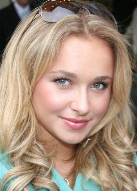 Hayden Panettiere - sunglasses perched on top of her head - her eyes match the color of her top