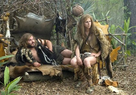 Jack Black and Michael Cera kick back in their hut made of sticks in Year One